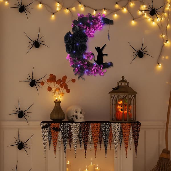 Halloweenkranse til hoveddøren, oplyst sort Halloween dørkrans