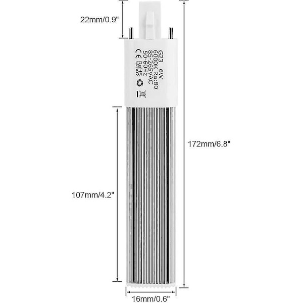 6w 2-stifts kompaktrörslysrör, horisontell rörbas G23 lysrör, 6000k (vit G23)