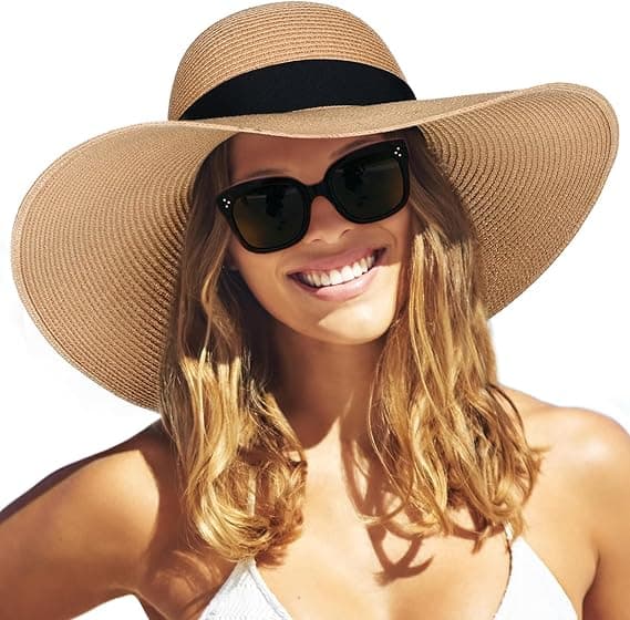 Solhatt for kvinner, stråhatt med bred brem, sammenleggbar, pakkbar, floppy strandhatt for kvinner