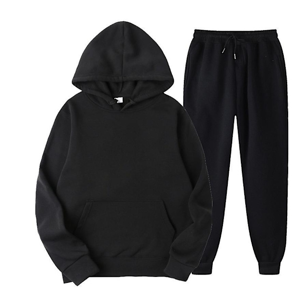 2 st Sweatsuit Set Herr Dam Oversized Långärmad Hoodie Pullover Sweatshirt Träningsoverall Jogger Sweatpants black M