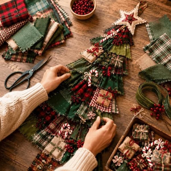 DIY Oversized Patchwork Juletræ Dørhængersæt, 3D Stofsyning & Samlesæt til Voksne, Julepynt til Væg & Indgangsparti