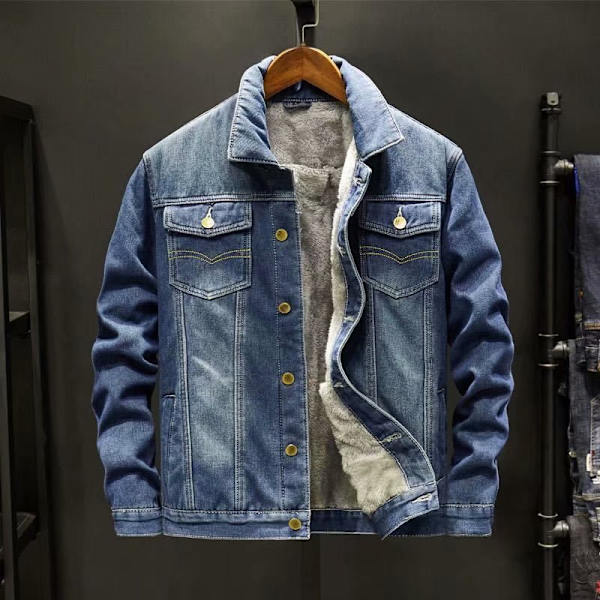 Vinterns plysch tjocka denimjacka för herrmode, mångsidiga herrkläder, lös överdimensionerad varm arbetsjacka, trendig navy blue XL