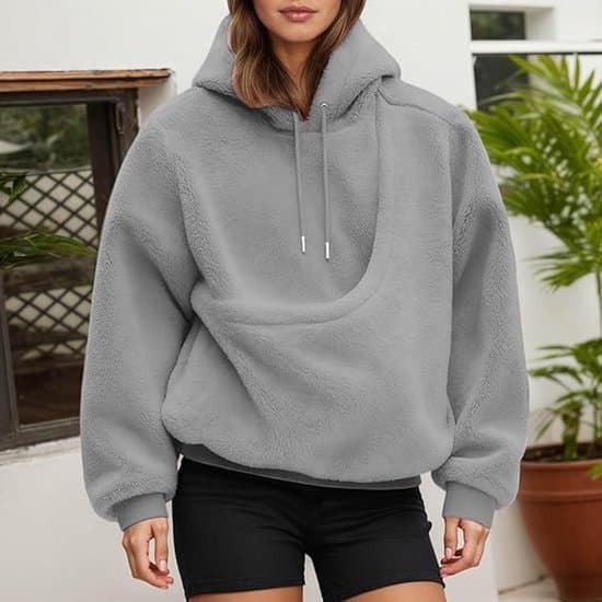 Hettegenser med kjæledyrlomme, oversized fleecegenser med frontlomme, hette og snøring, maskinvaskbar, lys grå, S Light gray S