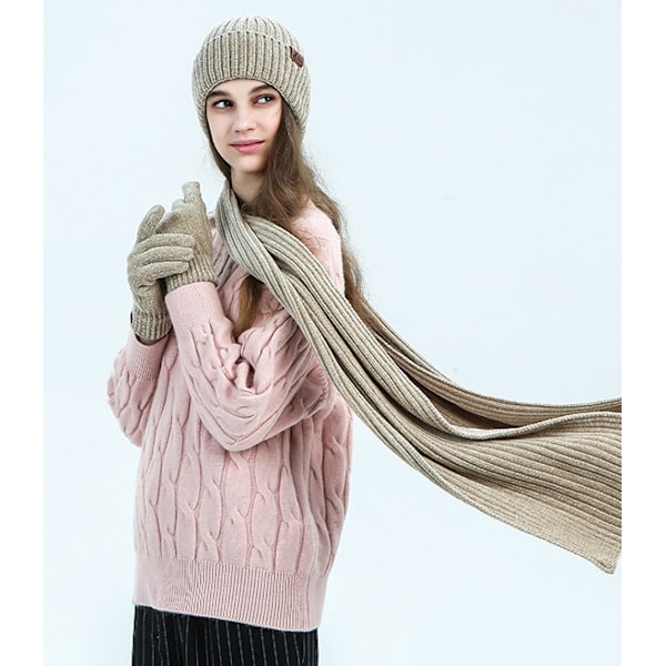 Varma scarfhatthandskar Tredelad set av solid ribbad stickad ullmössa filtscarf (beige)