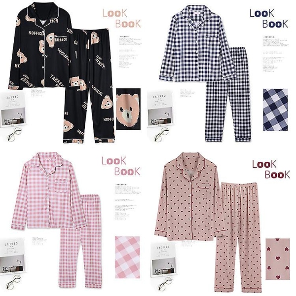 Söt pyjamas för damer i bomull, flickor, långärmade toppar+byxor med fickor Polka Dot Casual Lounge Wear pink plaid M