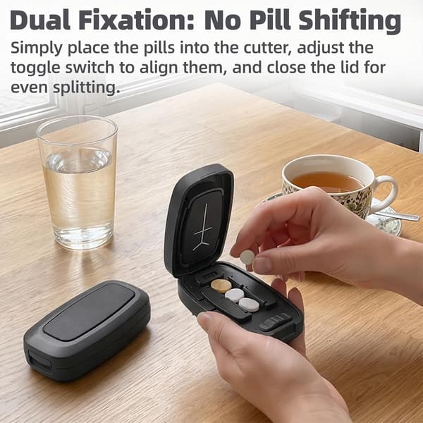 Pillekutter med justerbar slids, tablet-deler (sort) | Justerbar pillekutter med dobbelte fastgørelsesklemmer, understøtter 1/2, 1/3, 1/4 snit