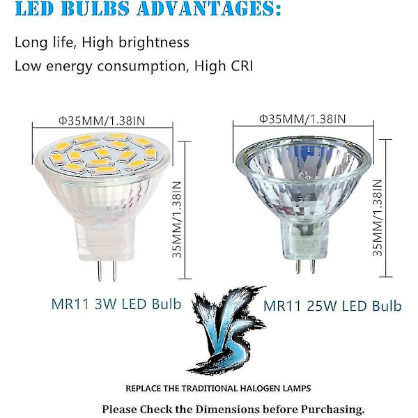 12v 3w Mr11 LED-lampor motsvarande 20-30w halogenlampor, Gu4.0-bas, varmvit (3000k, 6-pack)