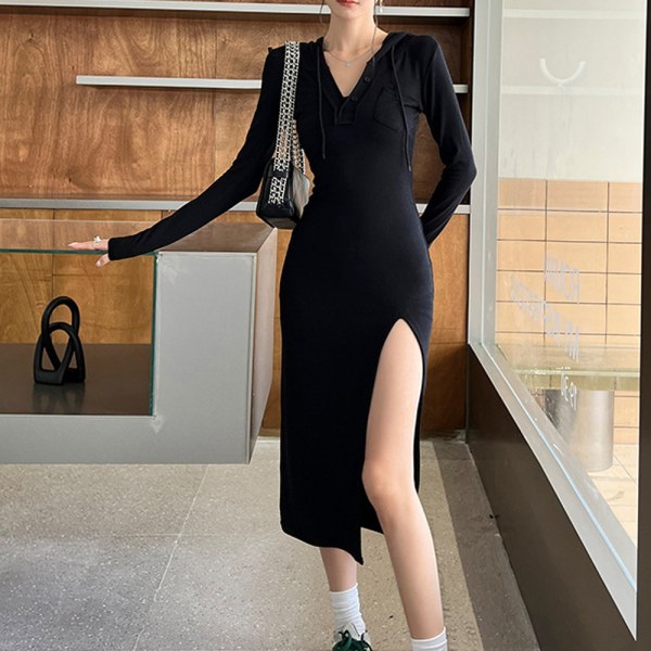 Kvinnors sexig långärmad miniklänning med rynkad knapp framtill black XL