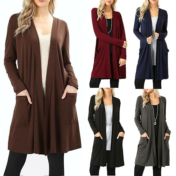 Långärmad Slouchy Cardigan för kvinnor med öppen front draperad med fickor mellan längd+ Grey XL