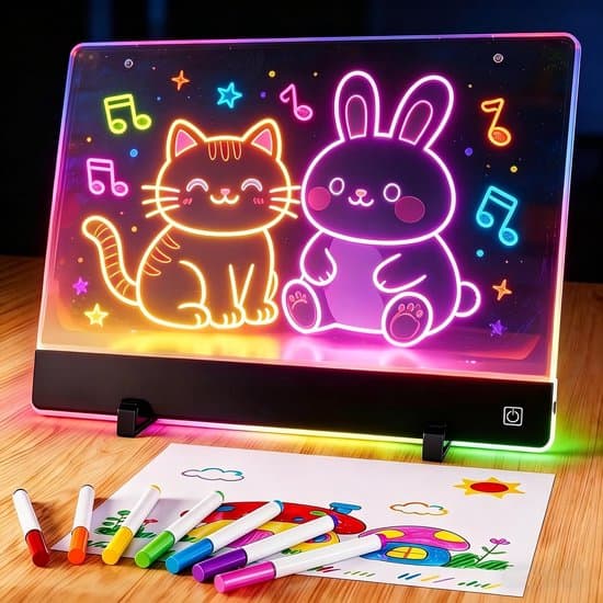 LED tegnebrett 35 × 25 cm, USB-drevet neonlysbrett med 7 statiske og 6 dynamiske lysmoduser, stativ inkludert