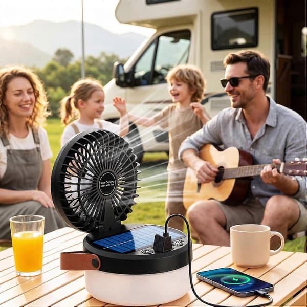 3-i-1 Campinglanterne med Vifte Solcellevifte Campinglampe Powerbank