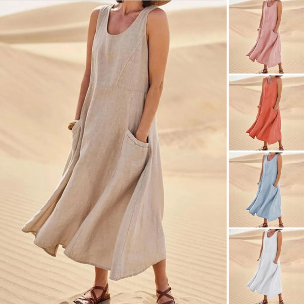 Ärmlös bomullslinneklänning för kvinnor med fickor Boho Style Beach Tank Dress sky blue 2xl