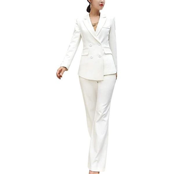 Kvinnors kavajdräkter Tvådelad fast arbetsbyxdräkt för kvinnor Business Office Damkostymer Set white XL