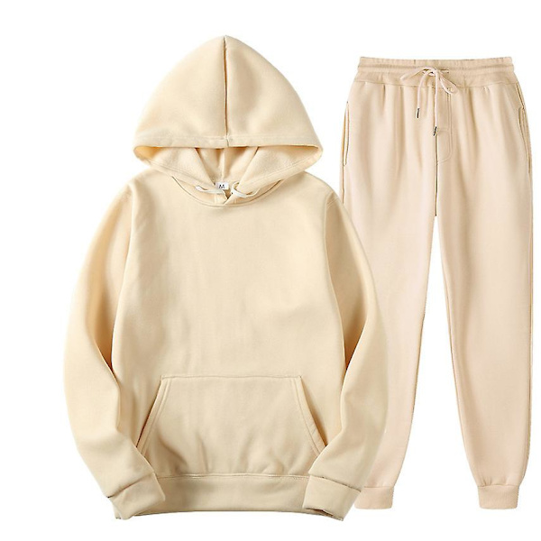 2 st Sweatsuit Set Herr Dam Oversized Långärmad Hoodie Pullover Sweatshirt Träningsoverall Jogger Sweatpants beige M