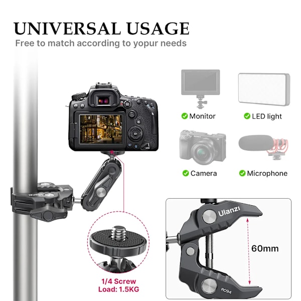 Mångsidig Super Clamp Ball Mount Clamp Dubbel 360° Roterande Kula