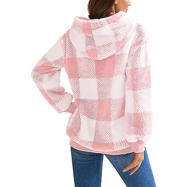 Hoodie i överdimensionerad lammull med fickor, fleecetröja Tie-dye Puffy Coat (rosa och vit rutor) L