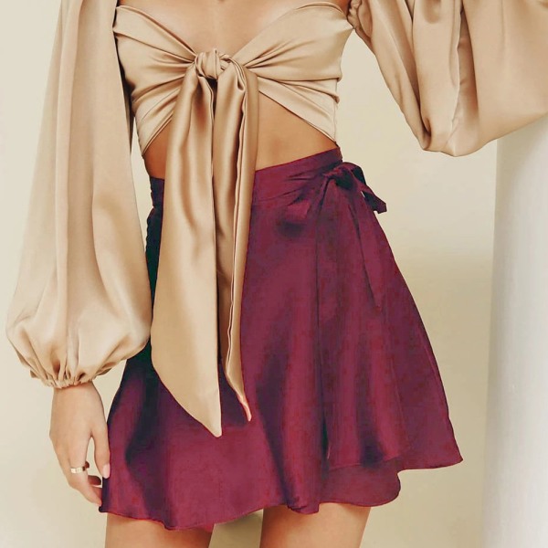 Hög midja satin flytande mjuk silkeslen skater mini kjol Burgundy,XL