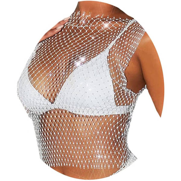 Mesh Crystal Body Chain Sparkly Rhinestone Fishnet Crop Top