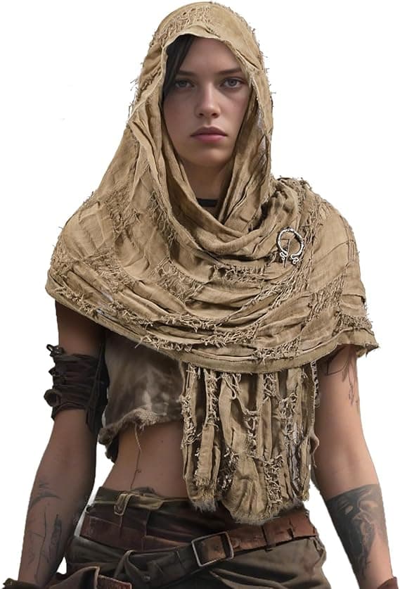 Dune Wasteland hette-sjal Middelalder Renessanse hette-skjerf Post-apokalyptisk hette-kappe med vikingbrosje