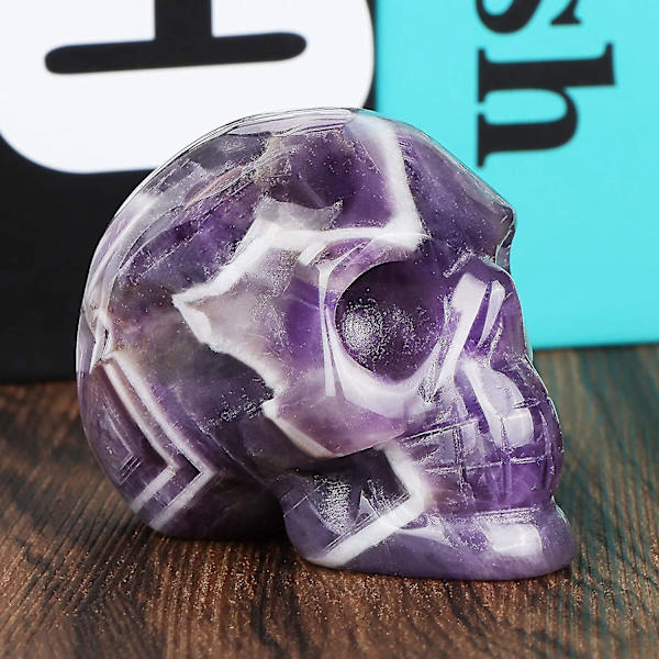 2,0" Ametist Crystal Skalle Huvud Staty Kristaller Läkande figurer, snidade skelett Mänskligt ben Skalle Stenskulptur för karnevalsfest,hem,kontor,hal