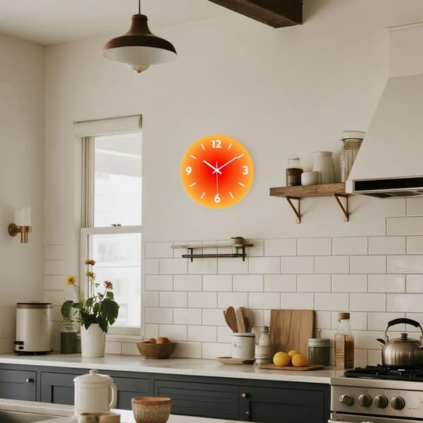 12 tum modern väggklocka, tyst glasklocka, dekorativa väggklockor för vardagsrum kök kontor sovrum (orange)