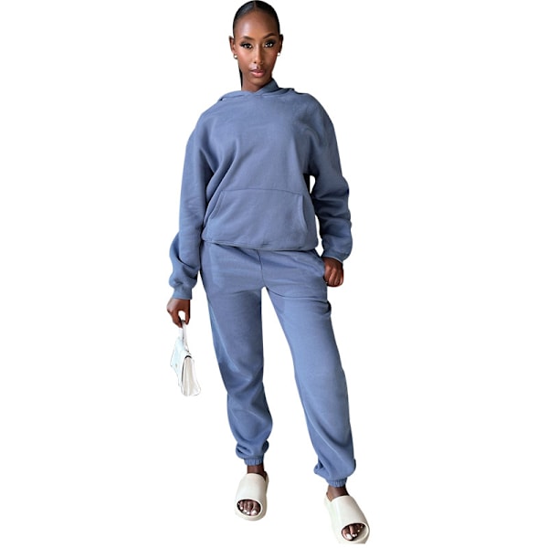 2024 Höst/Vinter Ny Europeisk och Amerikansk Enfärgad Långärmad Hoodie med Sammet, Dammode Casual Byxor Set wathet L