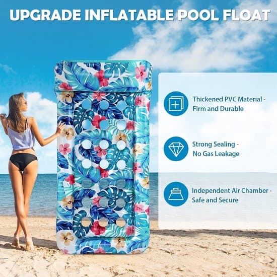 Pool Float - Oppustelig Luftmadras Pool - Blå Tropiske Blade Vand Float - PVC Lounger til Sommer - 170 x 85 cm