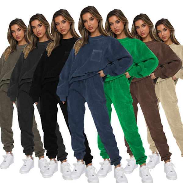Höst och vinter ny korduroy enfärgad rund hals pullover långärmad tvådelad fashionabla långbyxor set för kvinnor coffee XL