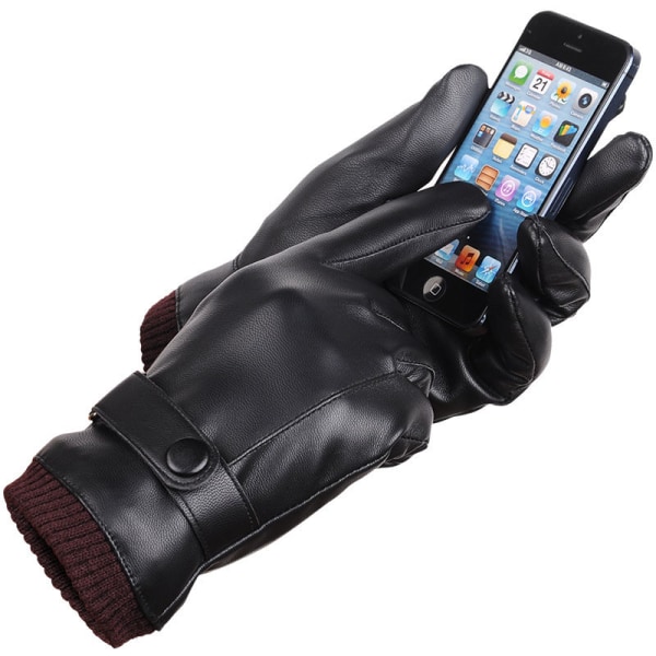 Mäns pekskärm handskar Höst och vintertvättat läder PU varm körning cykel ridning Black