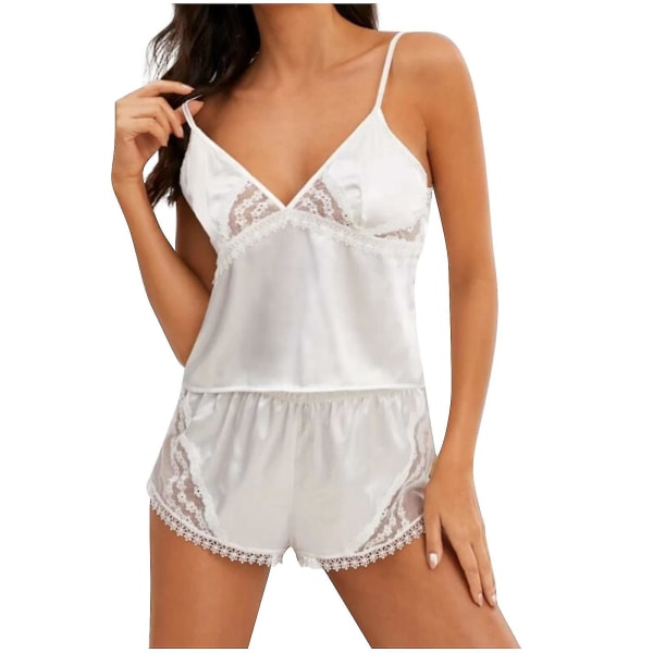Satin Silk Pyjamas Dam Underkläder Underkläder Sovkläder Broderi Bandage fluga White L