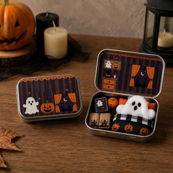Halloween Mini Ghost Tasku Tin Box Set, Adopt A Ghost Pehmonukke