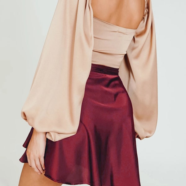 Hög midja satin flytande mjuk silkeslen skater mini kjol Burgundy,XL