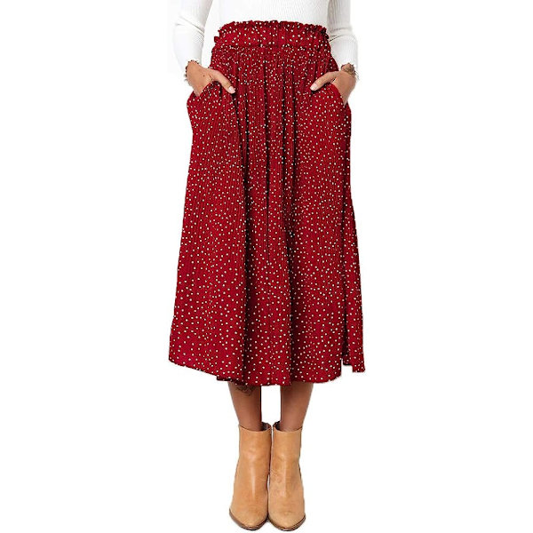 Dam med hög midja prickig plisserad kjol Midi Maxi Swing Kjol Red Medium