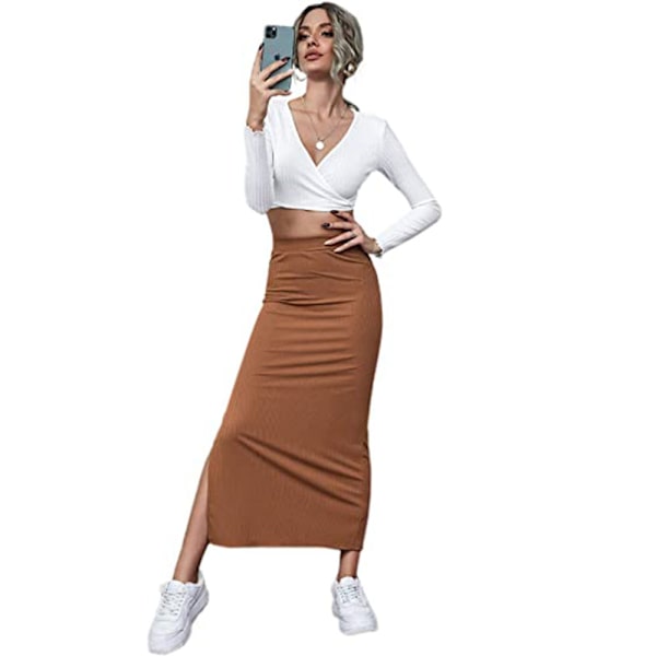 Hög midjade delade lårstickad lång tight kjol 2XL