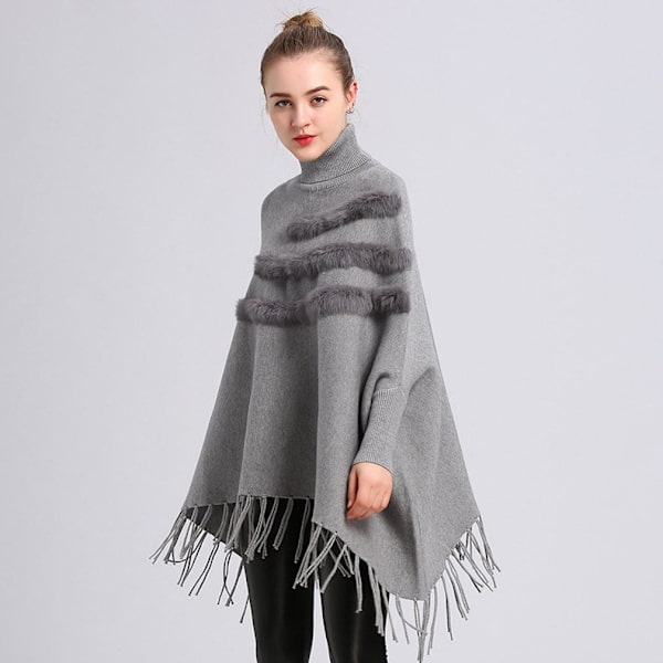 Lös turtleneck Pullover Wrap sjal med fuskpäls trimning Fladdermusblus med tofs stickning Cape for Lady