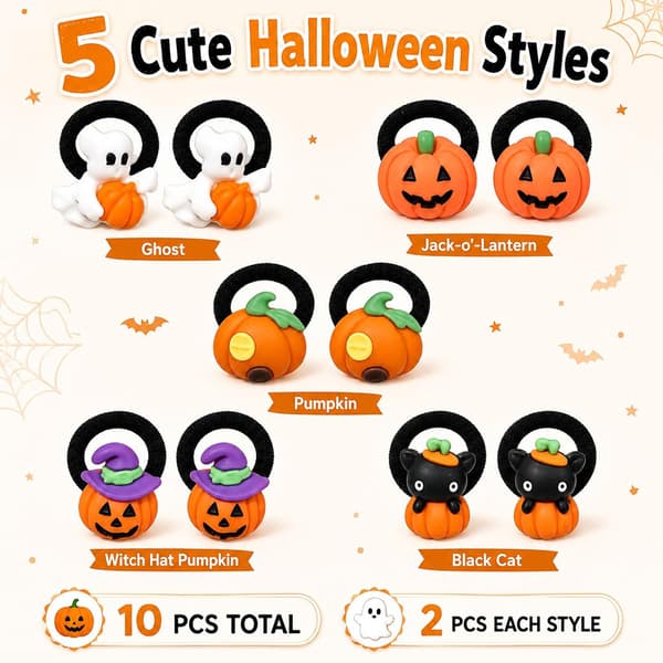 10 STK Halloween Hårelastikker, Spøgelse Græskar Sort Kat Mini Elastiske Hårbånd til Piger og Småbørn, Heksehat Græskar Scrunchies, Cosplay Tilbehør