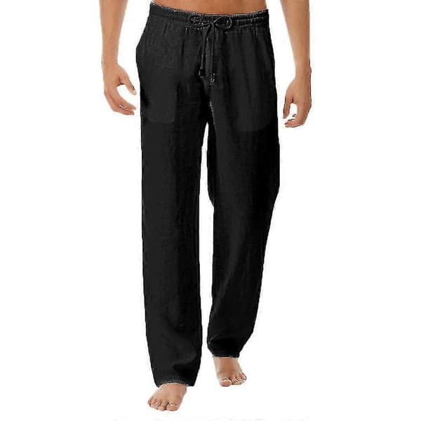 Herr Bomull Linne Byxor Elastisk Midja Casual Strand Yoga Byxor Black M