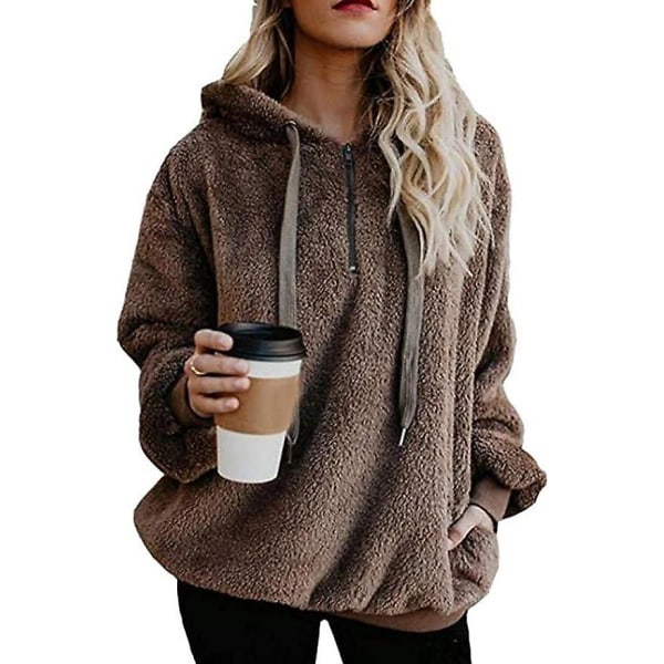 Dam Casual Sherpa Fuzzy Jumpers Fleece hoodie Sweatshirt med fickor brown 3XL