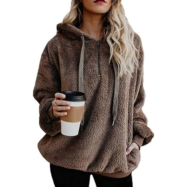 Dam Casual Sherpa Fuzzy Jumpers Fleece hoodie Sweatshirt med fickor brown XL
