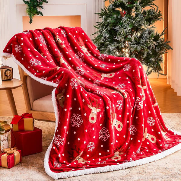 Julekastetæppe, Blødt Fleece Sherpa Vinterferietæppe med Rensdyr- og Snefnugdesign til Seng, Sofa og Sofagruppe