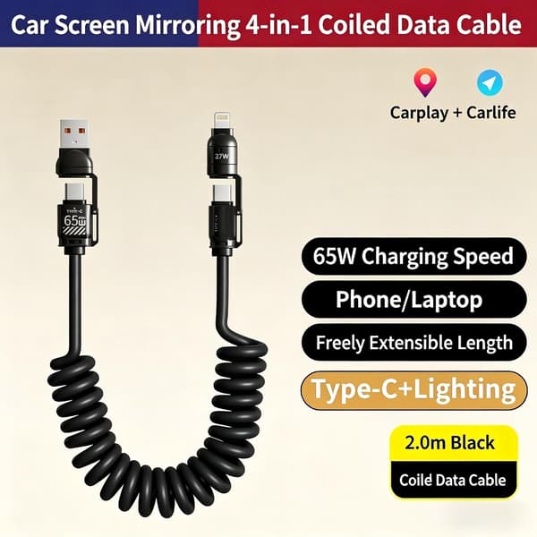 4-i-1 spiralformad USB-C-laddningskabel snabbladdningskabel för iPhone Android 65W + PD 27W infällbar fjäderdatakabel stöder CarPlay & CarLife