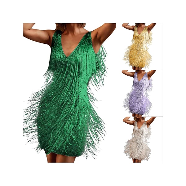 Dam Latin Dance Ärmlös glänsande paljetter Tofsar Scenframträdande Kostymklänningar Sexiga V-hals Fest Miniklänningar green L