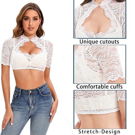 Dirndl-bluse til kvinder - Blondebluse med specielle udskæringer - Høj krave til Oktoberfest og karneval - Til kvinder og piger - Dirndl-bluse - L L