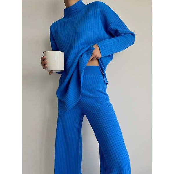 Casual stickad tvådelad dammode blå långärmad tröja byxdress