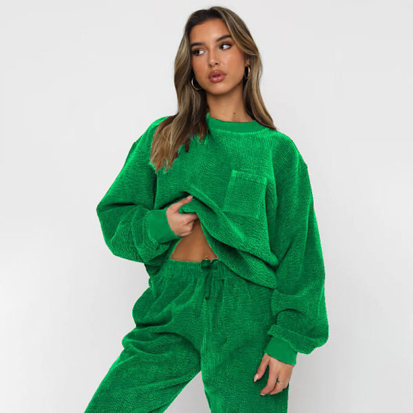 Höst och vinter ny korduroy enfärgad rund hals pullover långärmad tvådelad fashionabla långbyxor set för kvinnor black XXL