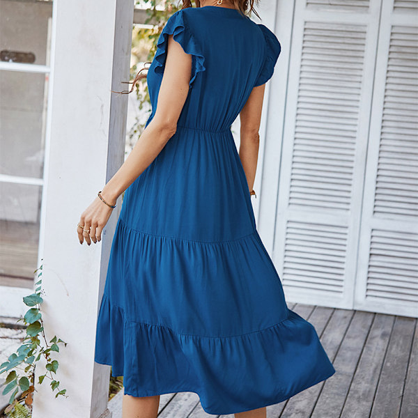 Sommarklänning för kvinnor V-ringad midiklänning Flowy Swing Ruffle Dre for Caual blue s