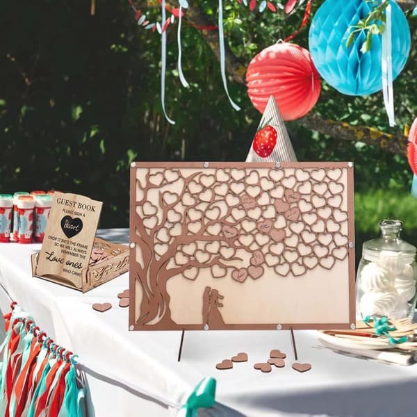 Bryllupsgæstebog Alternativt Træ med Træhjerter, Rustik Gæstebog til Bryllupsreception, Jubilæum