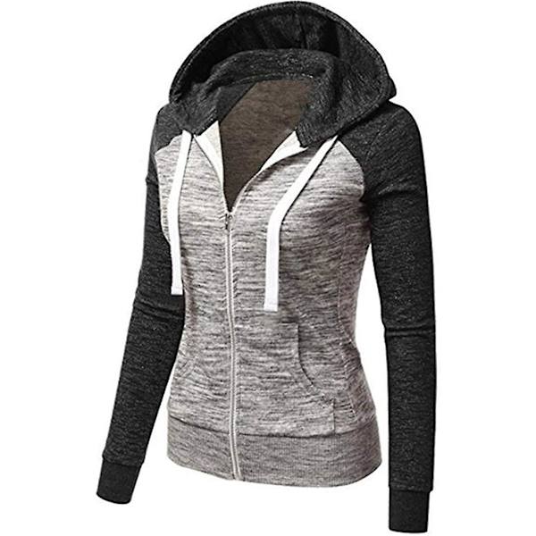Huvtröjor för kvinnor färgblock huvtröja Basic dragkedja Jerseyjacka långärmad topp med fickor Plus Size Black grey 3XL