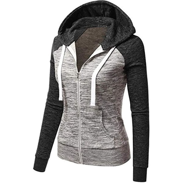 Huvtröjor för kvinnor färgblock huvtröja Basic dragkedja Jerseyjacka långärmad topp med fickor Plus Size Black grey XL