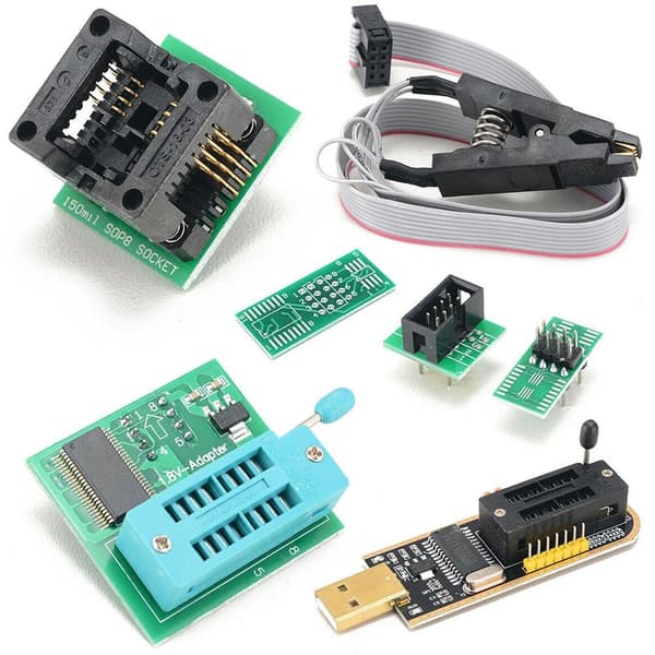 CH341A USB-programmør til 24/25-seriens EEPROM og BIOS Flash, inkluderer 1,8V-adapter, SOIC8-testklemme og SOP8 til DIP8-konverteringssokkel